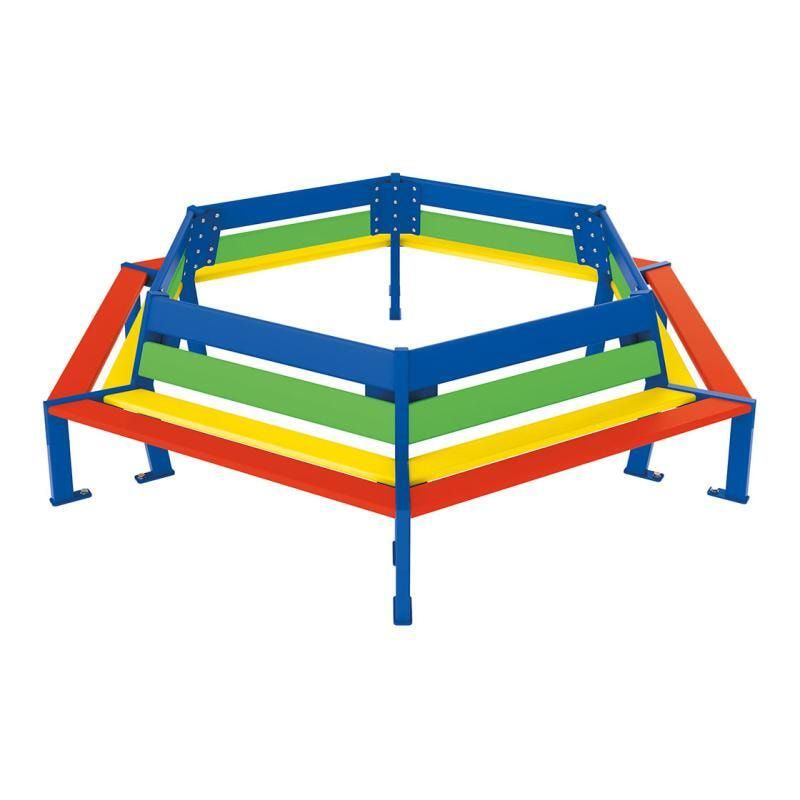 Baum-Rundbank, achteckig, mehrfarbig, Tropenholz, Stahlrohr enzianblau, Sitzhöhe 270 mm, Außendurchmesser 2.000 mm, Innendurchmesser 1.240 mm