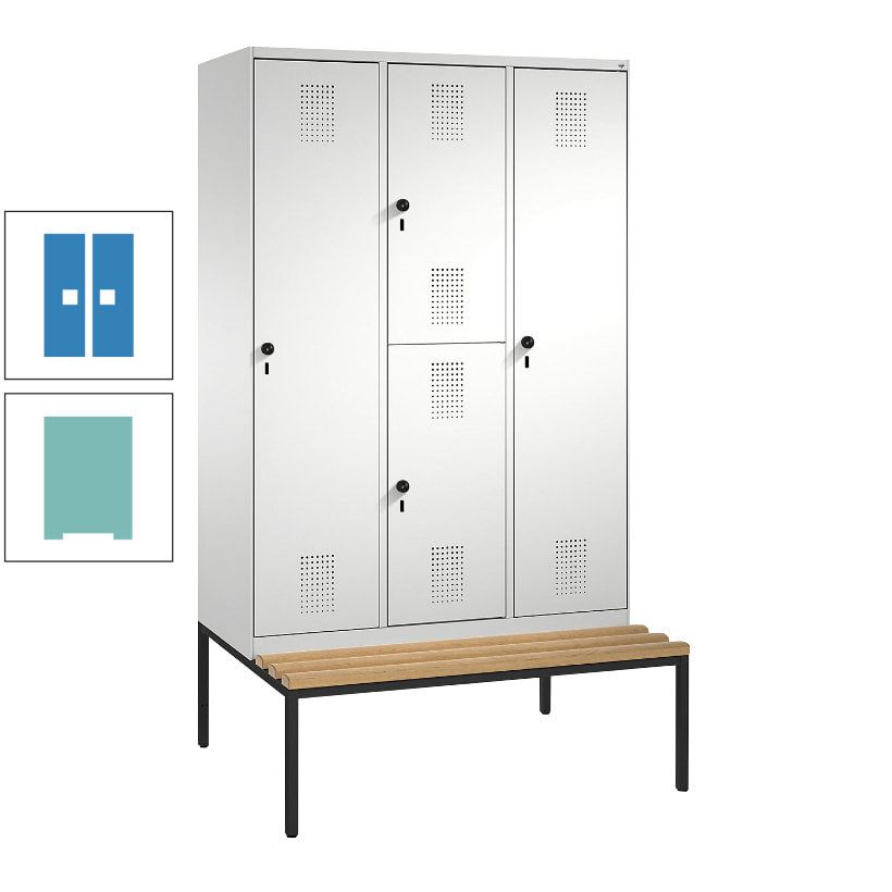 Garderobenschrank, Spind ein- und doppelstöckig Sitzbank, 3 Abteile, 4 Fächer, 2.090x1.200x500 mm (HxBxT), Front anthrazitgrau, Korpus anthrazitgrau