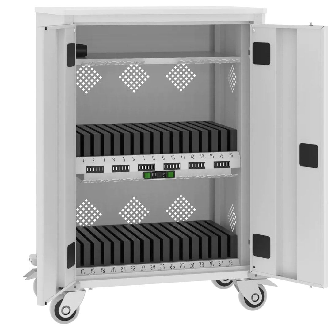 Laptopwagen, Tablettrolley, Stahl, Griffe, USB-Ladung 12V, 32-fach, 1.050 x 730 x 440 mm (HxBxT), Frontfarbe anthrazitgrau, Korpusfarbe anthrazitgrau