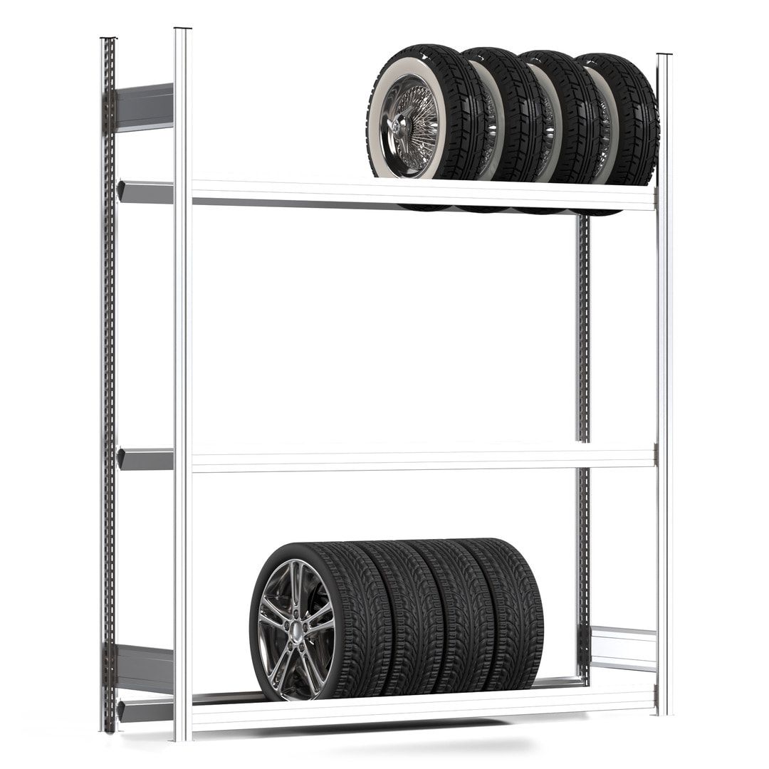Reifenregal mit Tiefenriegel - 250 kg - 2.000 x 1.695 x 400 mm (HxBxT) - 3 Ebenen - Anbauregal - Steckregal BERT