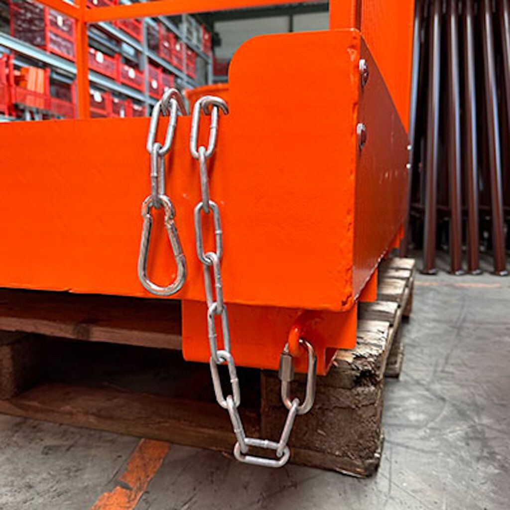 Arbeitsbühne, Arbeitsplattform Eichinger, Drahtgitter, 2 Personen, für  Frontstapler, rutschsicher, 2.000 x 1.090 x 1.200 mm (HxBxT), reinorange