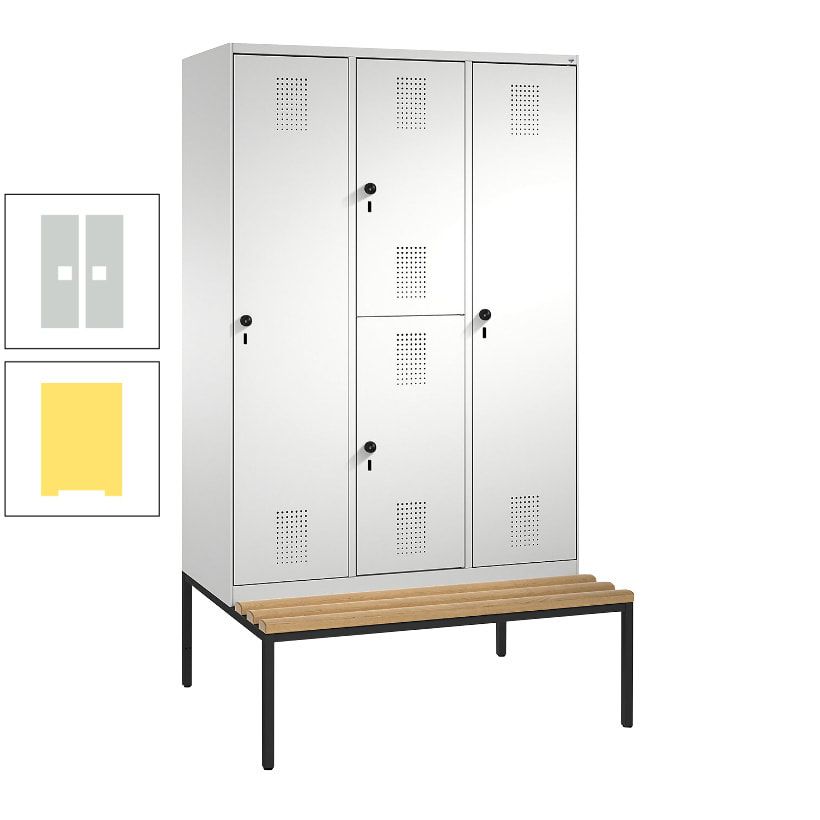 Garderobenschrank, Spind ein- und doppelstöckig Sitzbank, 3 Abteile, 4 Fächer, 2.090x1.200x500 mm (HxBxT), Front anthrazitgrau, Korpus anthrazitgrau