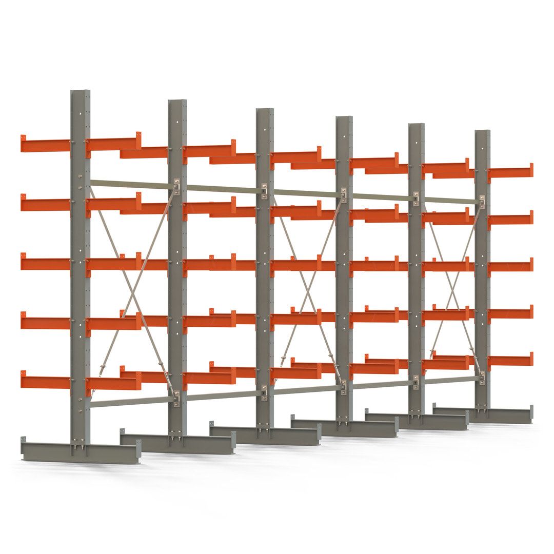 Doppelseitiges Kragarmregal, 2 Felder, 2.500 x 2.560 x 1.120 mm (HxBxT), Nutztiefe 500 mm, Kragarmlast 870 kg, KARL basic, silbergrau/reinorange