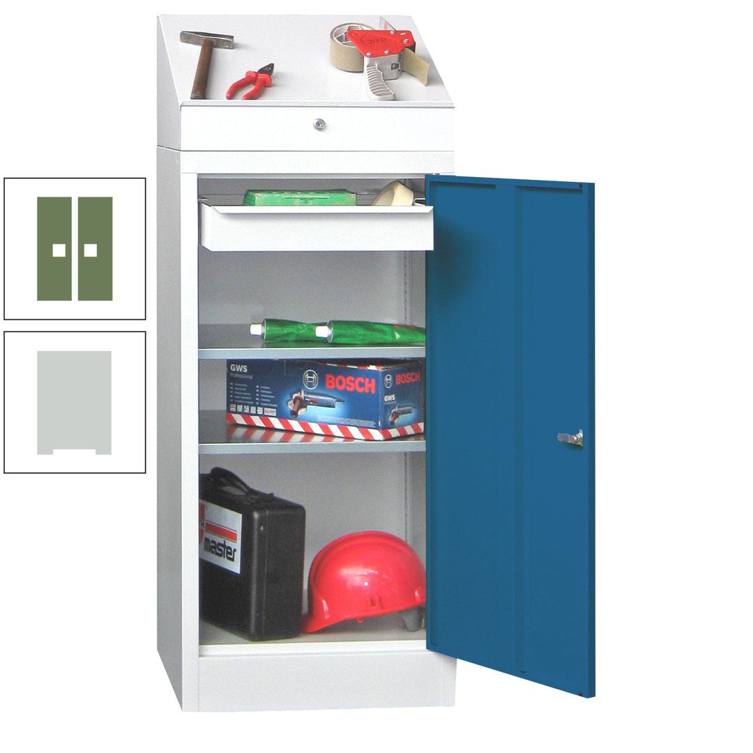 Stehpult mit Schrank - Vollblechtür - 1 Einlegeboden, 1 Ausziehboden, 1 Schublade - 1.270x500x500 mm (HxBxT) - anthrazitgrau