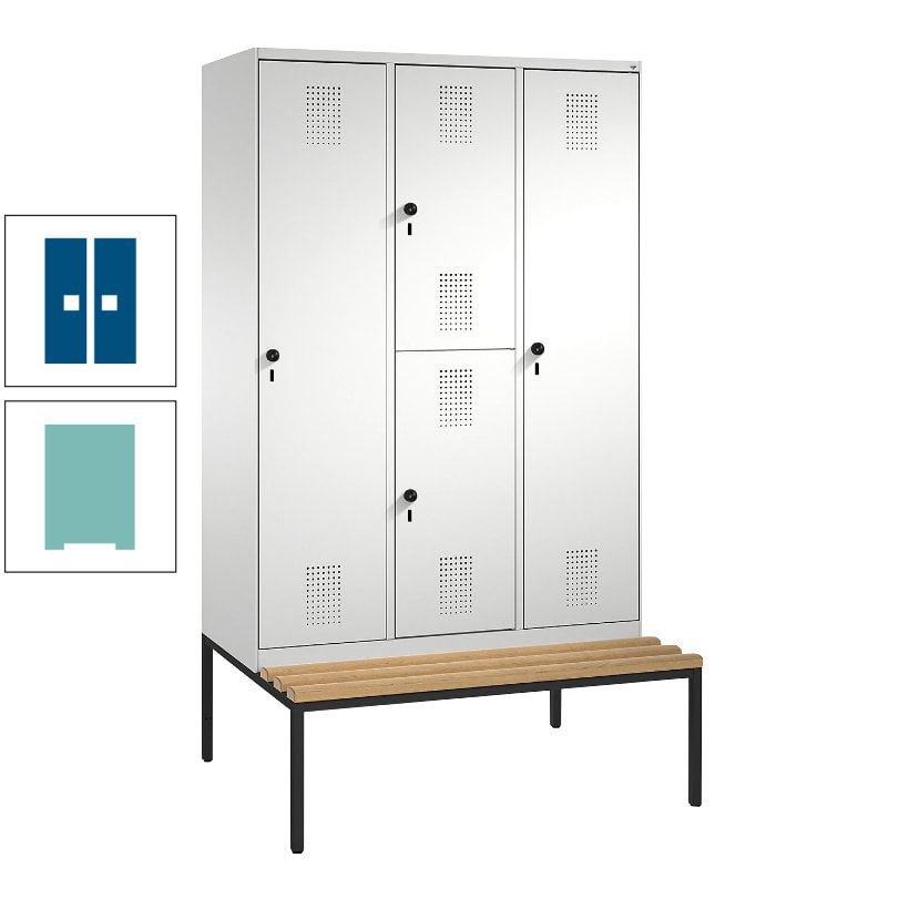 Garderobenschrank, Spind ein- und doppelstöckig Sitzbank, 3 Abteile, 4 Fächer, 2.090x1.200x500 mm (HxBxT), Front anthrazitgrau, Korpus anthrazitgrau
