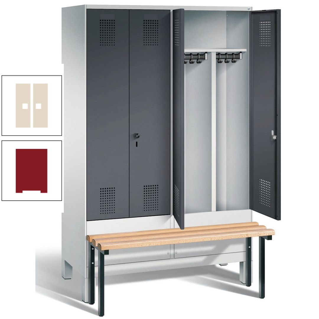 Doppel-Spind, Garderobenschrank, Buche Sitzbank vorgebaut, 4 Abteile a 300 mm, Korpus feuerrot, Tür Wasserblau, 1.850 x 1.200 x 815 mm (HxBxT)
