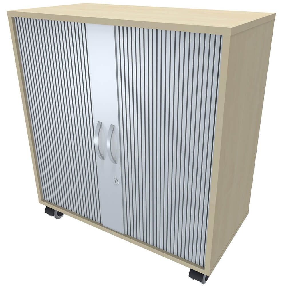 Querrollladenschrank mobil, 2 Ordnerhöhen, 4 Rollen, 2 feststellbar, abschließbar, Gewicht 30 kg, 865 x 800 x 425 mm (HxBxT), Farbe silber/Nussbaum