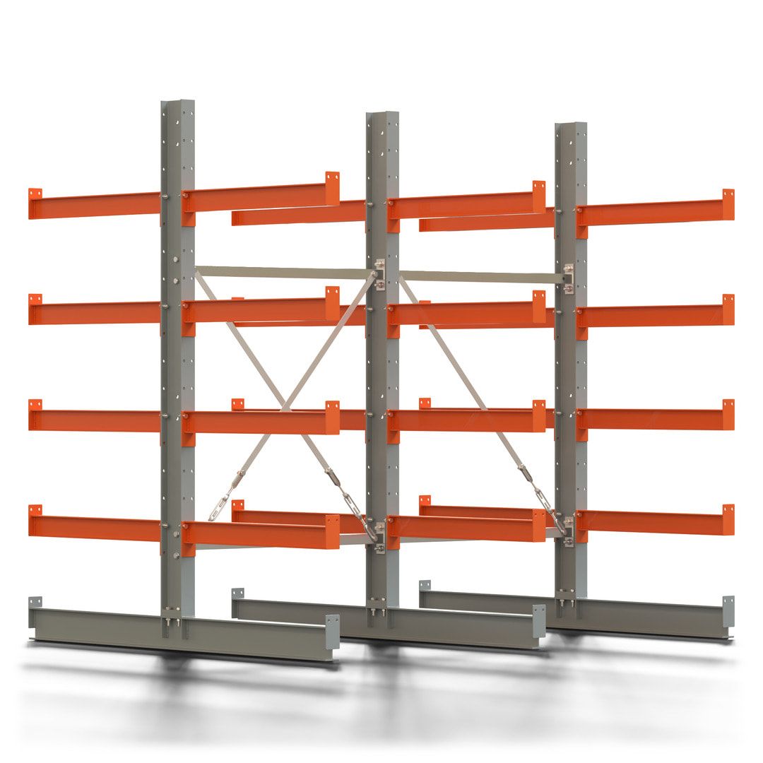 Doppelseitiges Kragarmregal, 2 Felder, 2.000 x 2.000 x 1.120 mm (HxBxT), Nutztiefe 500 mm, Kragarmlast 870 kg, KARL basic, silbergrau/reinorange