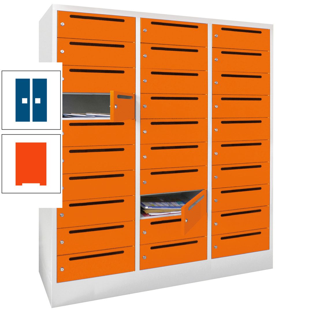 Postverteilerschrank, Schließfachschrank, 3 Abteile a 40 cm, 30 Fächer, 1.850 x 1.200 x 500 mm (HxBxT), Korpus anthrazitgrau, Front anthrazitgrau
