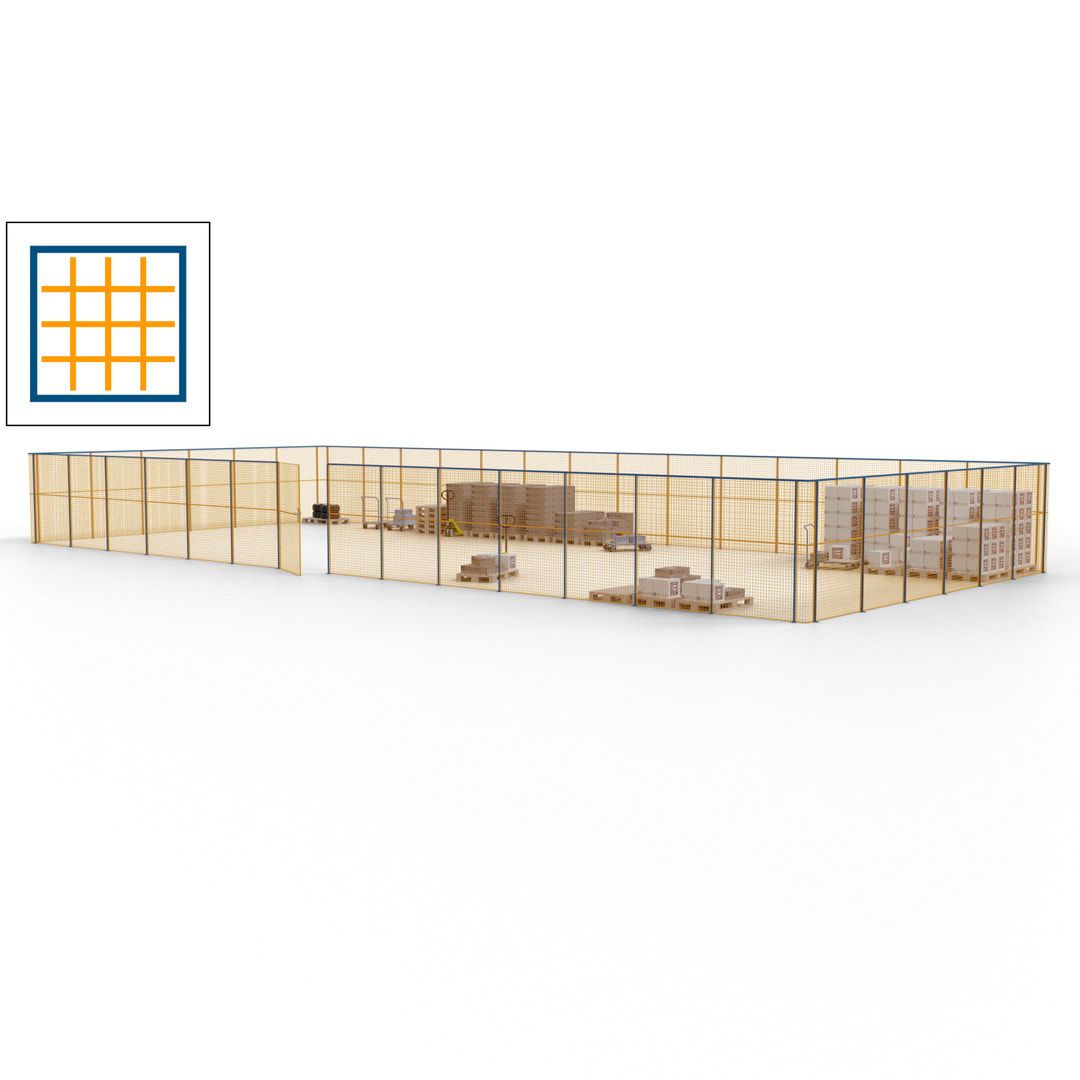Maschinen Schutzgitter - Hallentrennwand - Sicherheitszaun - Tür - 60 m - 2.200 x 21.400 x 9.400 mm (HxBxT) - enzianblau