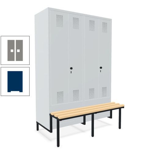 Doppel-Spind, Garderobenschrank, Buche Sitzbank integriert, 4 Abteile 300 mm, Korpus anthrazitgrau, Tür anthrazitgrau, 1.850 x 1.200 x 815 mm (HxBxT)