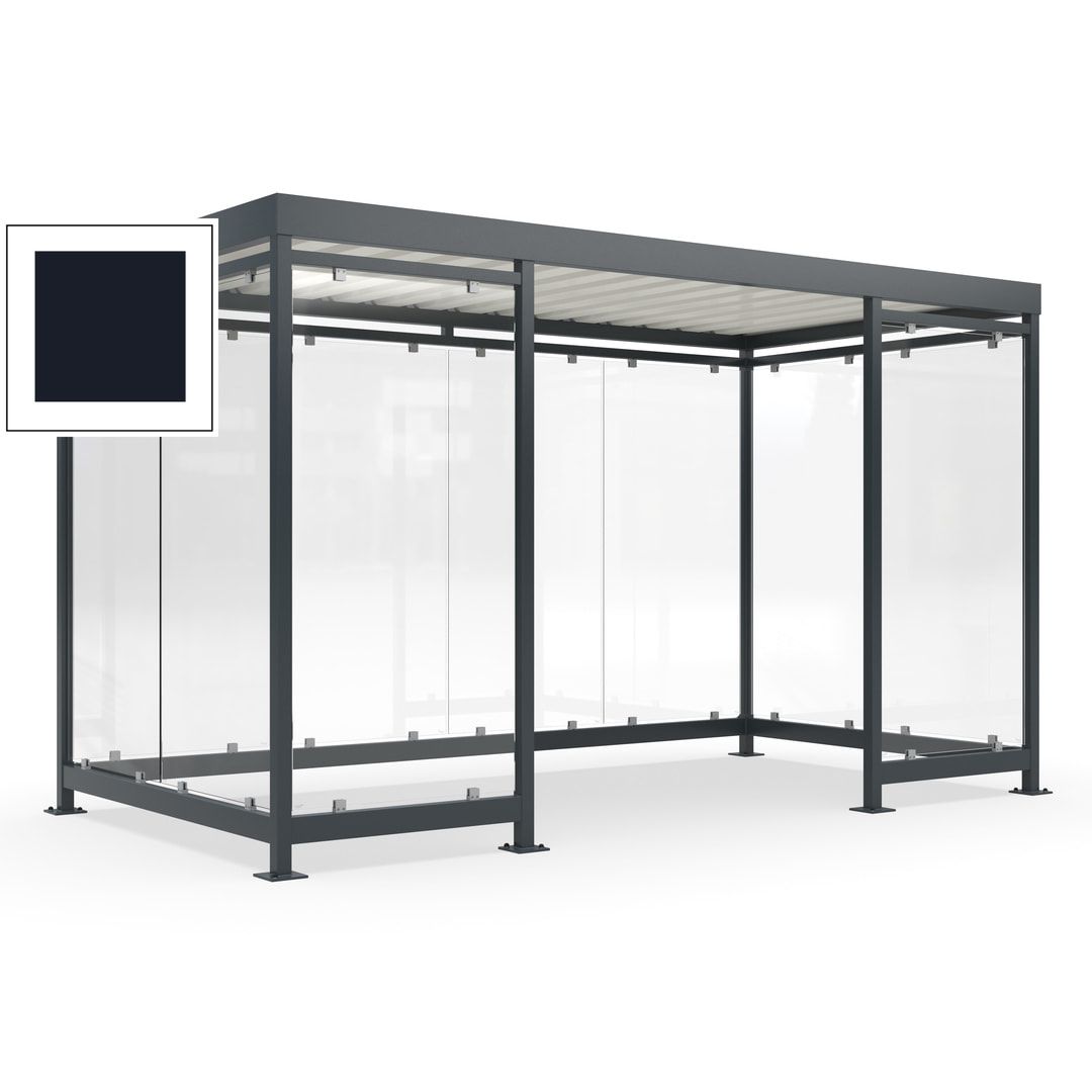 Fahrgastunterstand, Raucherunterstand, fertig montiert, Aufdübeln, 12-13 Personen, 2.510 x 4.195 x 2.165 mm (HxBxT), 10 Wände, Achatgrau