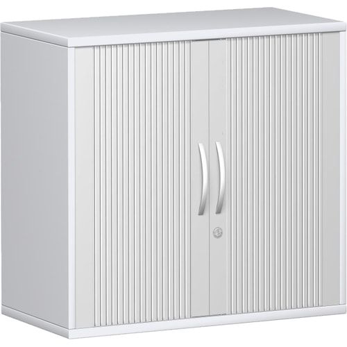 Querrollladenschrank, Dekoreinlageboden, Metallsockel/Standfüße, abschließbar, 768 x 1.000 x 425 mm (HxBxT), Korpusfarbe Ahorn, Frontfarbe silber