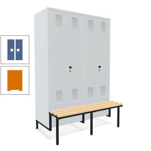 Doppel-Spind, Garderobenschrank, Buche Sitzbank integriert, 4 Abteile 300 mm, Korpus anthrazitgrau, Tür anthrazitgrau, 1.850 x 1.200 x 815 mm (HxBxT)