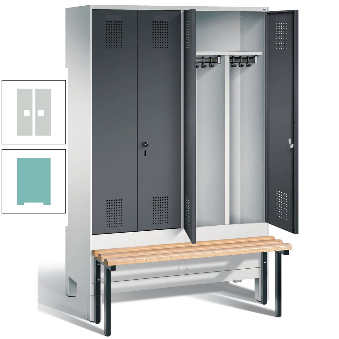 Doppel-Spind, Garderobenschrank, Buche Sitzbank vorgebaut, 4 Abteile a 300 mm, Korpus feuerrot, Tür Wasserblau, 1.850 x 1.200 x 815 mm (HxBxT)