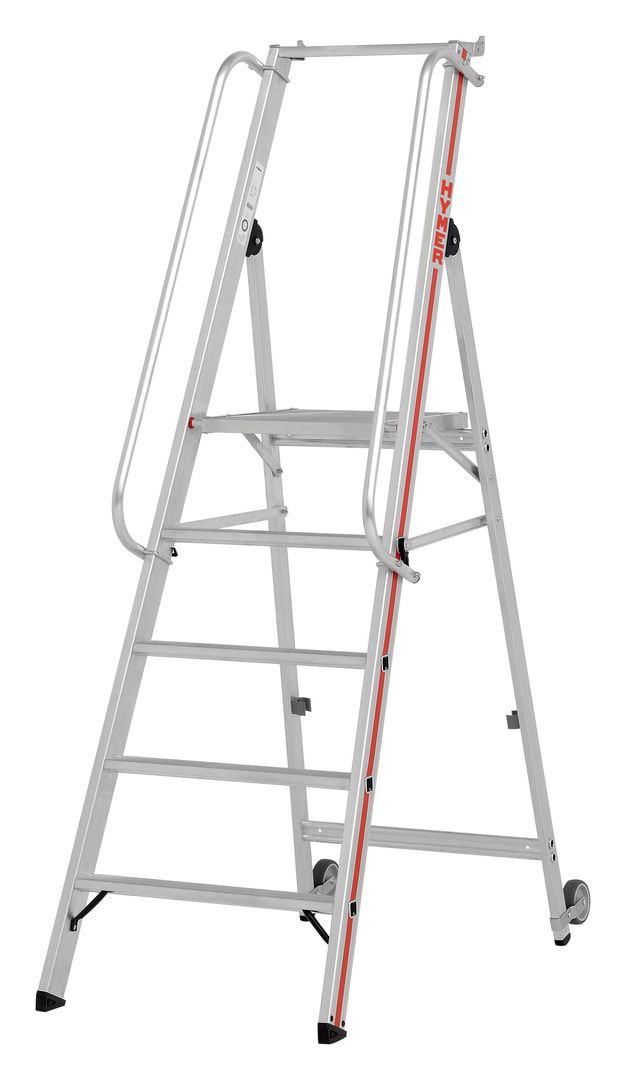 Plattformleiter mit langem Handlauf - Kipprollen - Leiterlänge 1.950 mm - mit Einhängehaken und Ablageschale - Aluleiter - Hymer