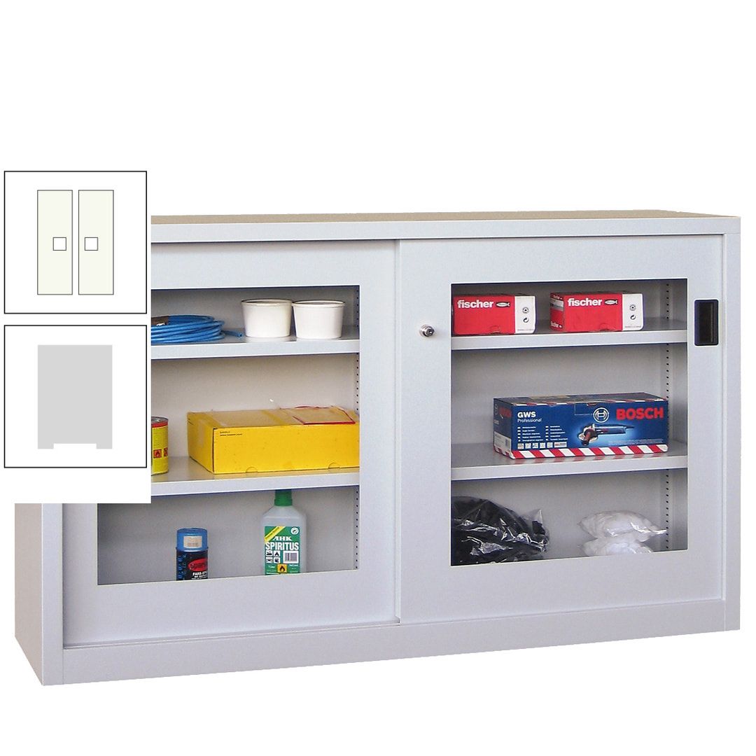 Schiebetürenschrank - Sichtfenstertüren - 1.000x1.500x600 mm (HxBxT) - 4 Böden, verzinkt - Zylinderschloss - anthrazitgrau