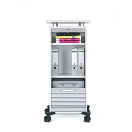 Rollladencaddy, 2 Schubladen, Materialauszug, Fachböden, 4 Rollen, abschließbar,1.155 x 515 x 600 mm (HxBxT), Front silber, Korpusfarbe Ahorn