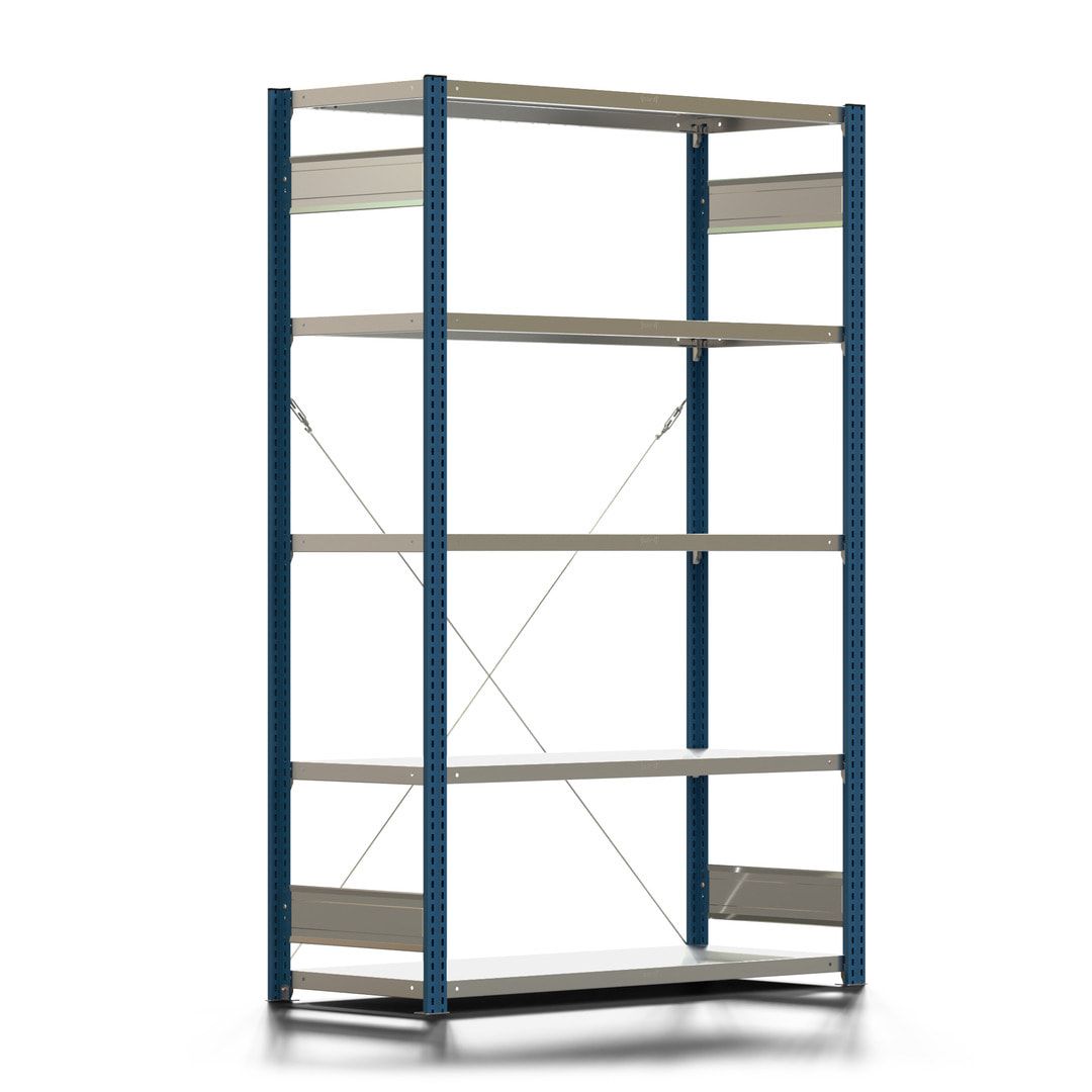 Fachbodenregal mit Tiefenriegel - 350 kg - 2.000 x 1.285 x 526 mm (HxBxT) - Anbauregal - 5 Böden - enzianblau - Lagerregal - Steckregal BERT
