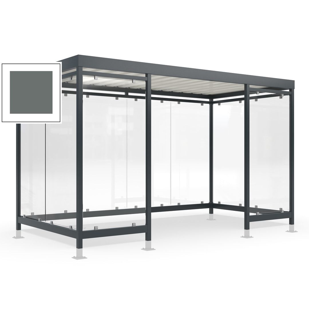 Raucherunterstand für 12-13 Personen, Bushaltestelle, mit Überpflasterung, 2.440 x 4.195 x 2.165 mm (HxBxT), 10 Wände, Achatgrau