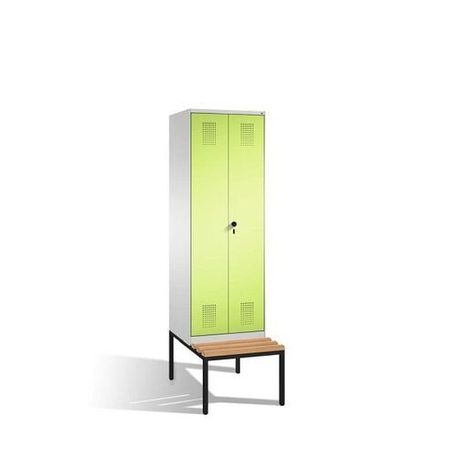 Doppel-Spind, Garderobenschrank, Buche Sitzbank untergebaut, 2 Abteile a 300 mm, Korpus anthrazitgrau, Tür anthrazitgrau, 2.090 x 600 x 815 mm (HxBxT)