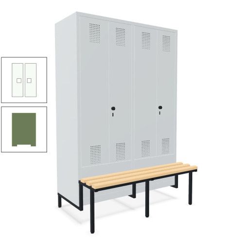 Doppel-Spind, Garderobenschrank, Buche Sitzbank integriert, 4 Abteile 300 mm, Korpus anthrazitgrau, Tür anthrazitgrau, 1.850 x 1.200 x 815 mm (HxBxT)