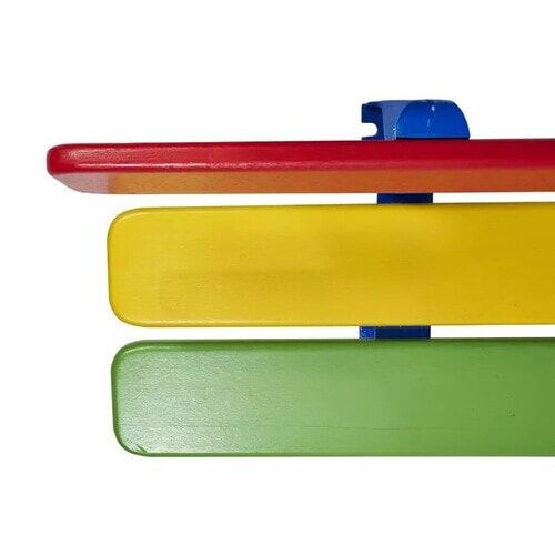 Kindersitzbank, Sitzbank, 270 x 1.500 mm (HxB), Tropenholz mehrfarbig, Stahlguss verzinkt, beschichtet in enzianblau, auf Bodenplatten