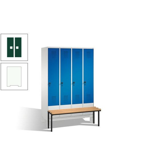 Stahl-Garderobenschrank, Spind, Buche Sitzbank vorgebaut, 4 Abteile a 300 mm, Korpus Lichtgrün, Tür Schwefelgelb, 1.850 x 1.200 x 815 mm (HxBxT)
