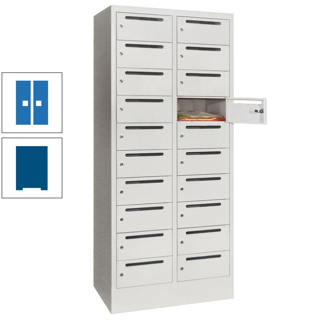 Postverteilerschrank, Schließfachschrank, 2 Abteile a 400 mm, 20 Fächer, 1.850 x 800 x 500 mm (HxBxT), Korpus anthrazitgrau, Front anthrazitgrau