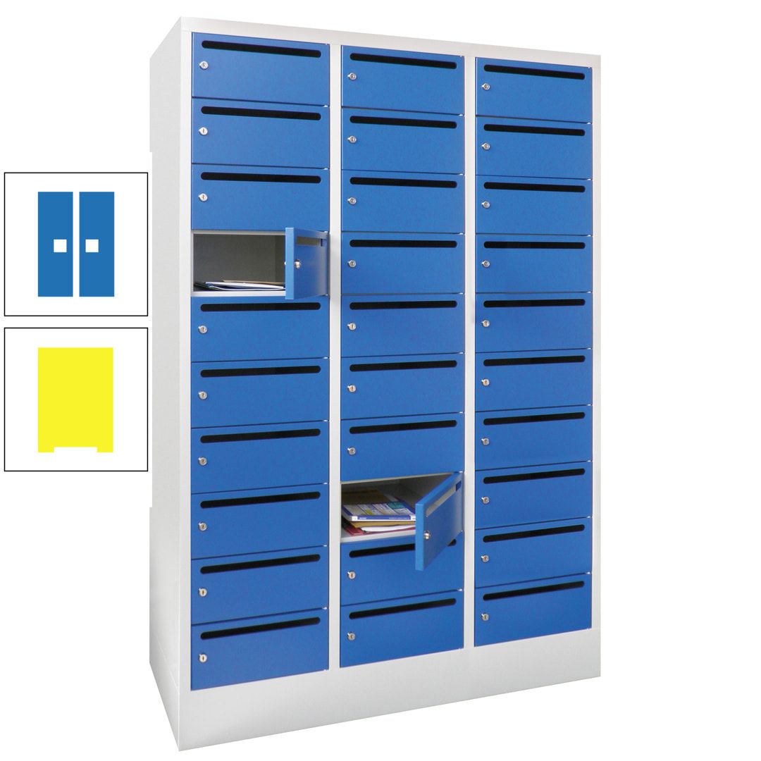 Postverteilerschrank, Schließfachschrank, 3 Abteile a 300 mm, 30 Fächer, 1.850 x 900 x 500 mm (HxBxT), Korpus anthrazitgrau, Front anthrazitgrau