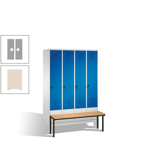 Stahl-Garderobenschrank, Spind, Buche Sitzbank vorgebaut, 4 Abteile a 300 mm, Korpus Lichtgrün, Tür Schwefelgelb, 1.850 x 1.200 x 815 mm (HxBxT)
