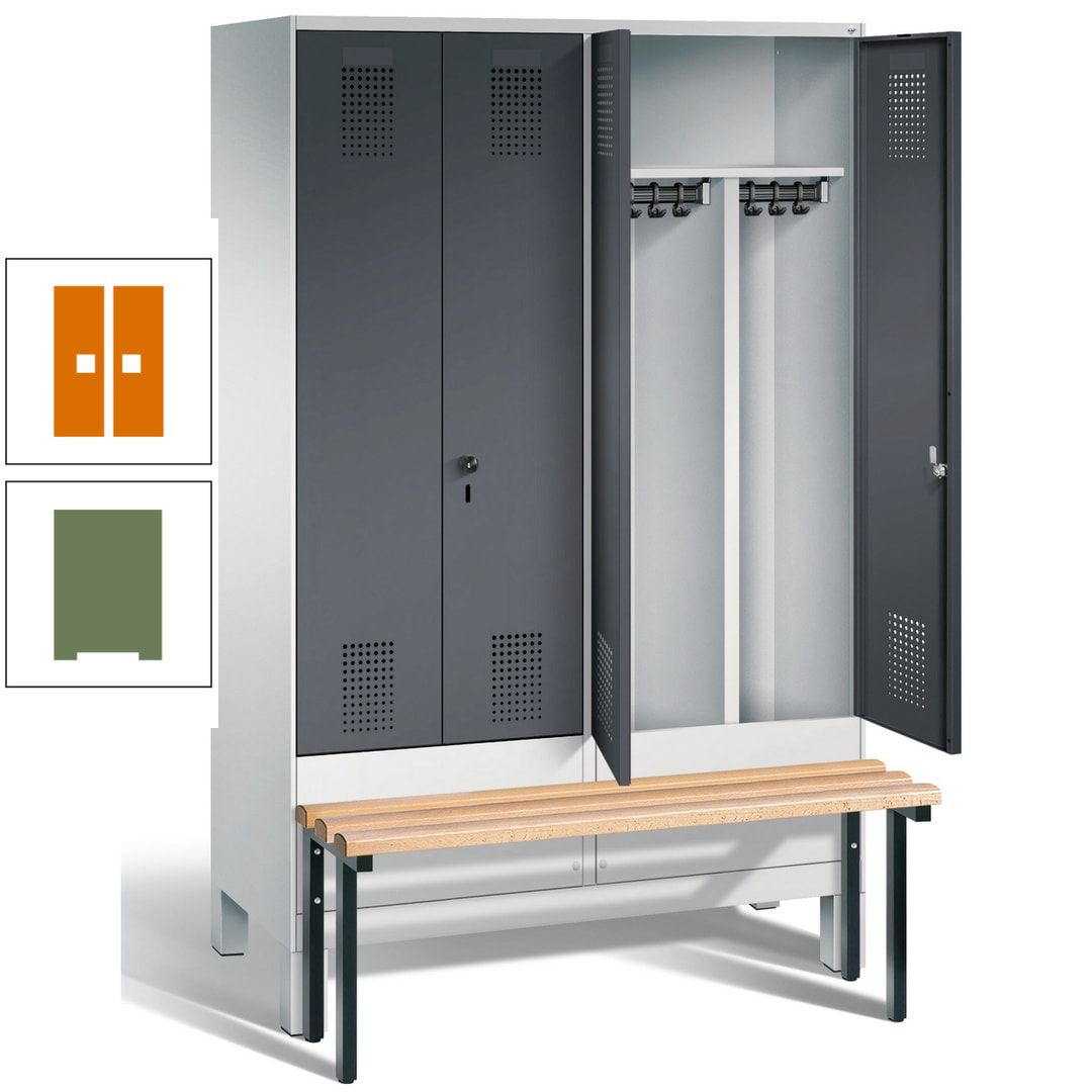 Doppel-Spind, Garderobenschrank, Buche Sitzbank vorgebaut, 4 Abteile a 300 mm, Korpus feuerrot, Tür Wasserblau, 1.850 x 1.200 x 815 mm (HxBxT)