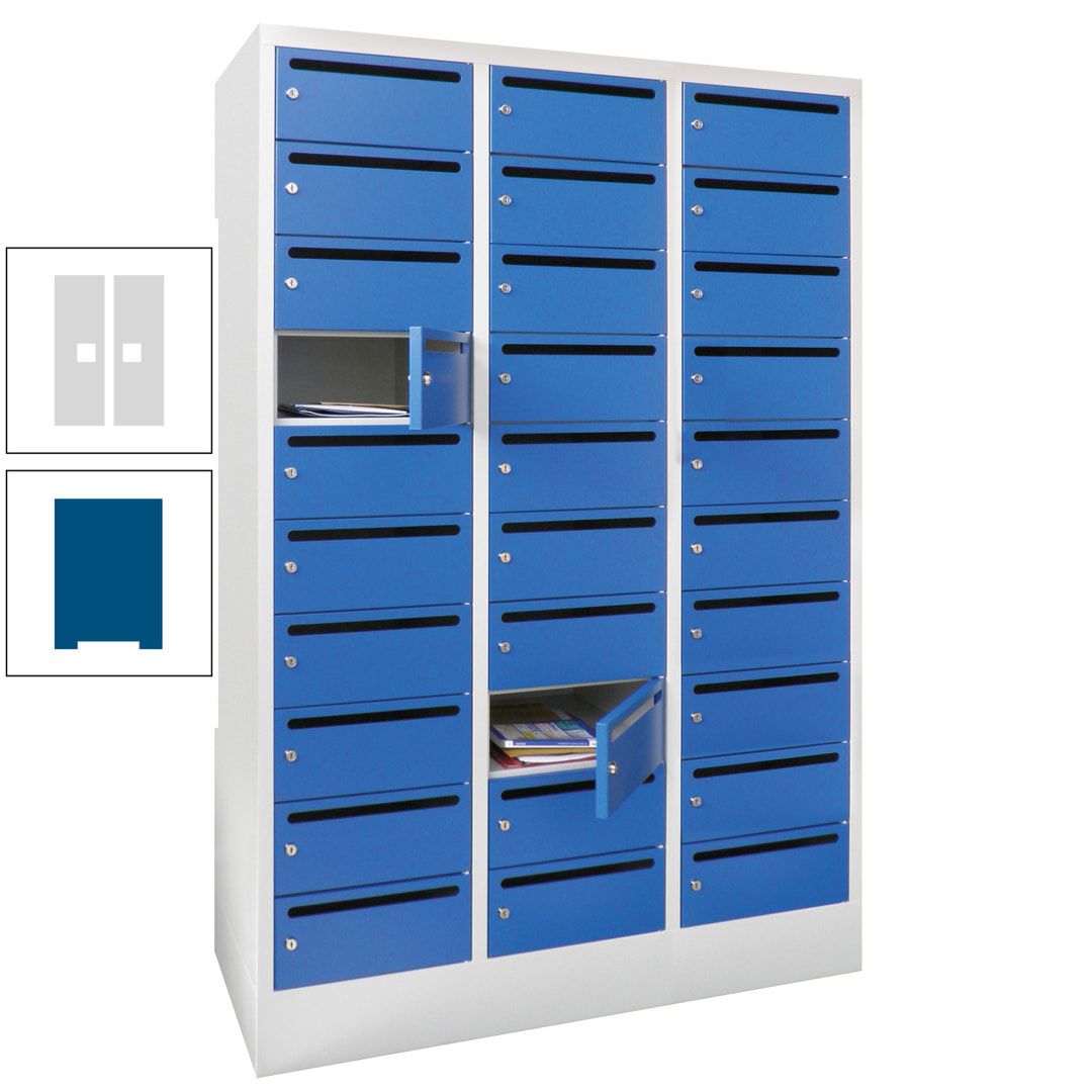 Postverteilerschrank, Schließfachschrank, 3 Abteile a 300 mm, 30 Fächer, 1.850 x 900 x 500 mm (HxBxT), Korpus anthrazitgrau, Front anthrazitgrau