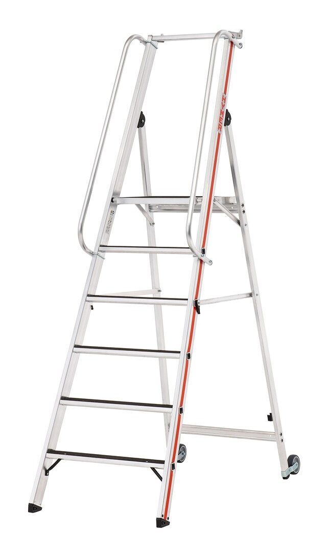 Plattformleiter mit langem Handlauf, zwei Kipprollen, Rutschhemmung R13, Ablage und Eimerhaken, Leiterlänge 1.950 mm, 4 Stufen, Traglast 150 kg, Hymer