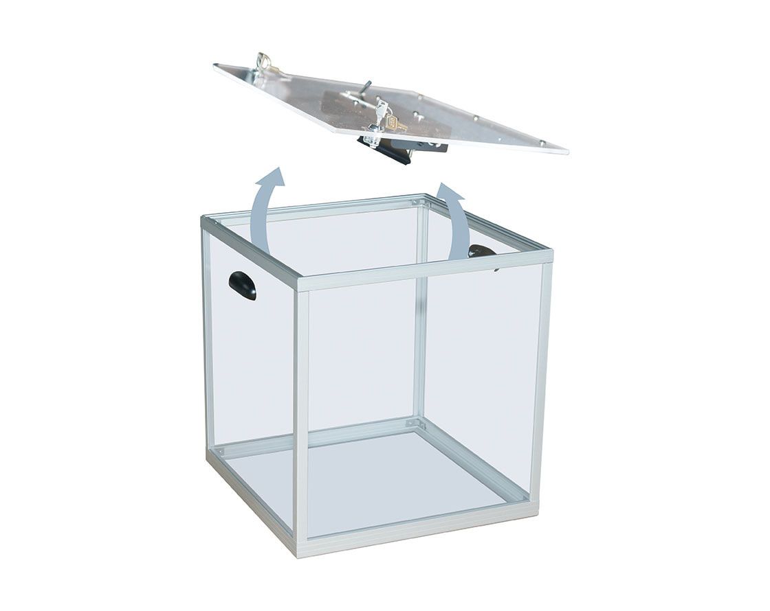 Wahlurne, transparent, Alu eloxiert, abschließbar, mech.Zähler mit Sicherheitsklappe, Rückstellrad, für 1.200 Stimmzettel, 420 x 400 x 400 mm (HxBxT),