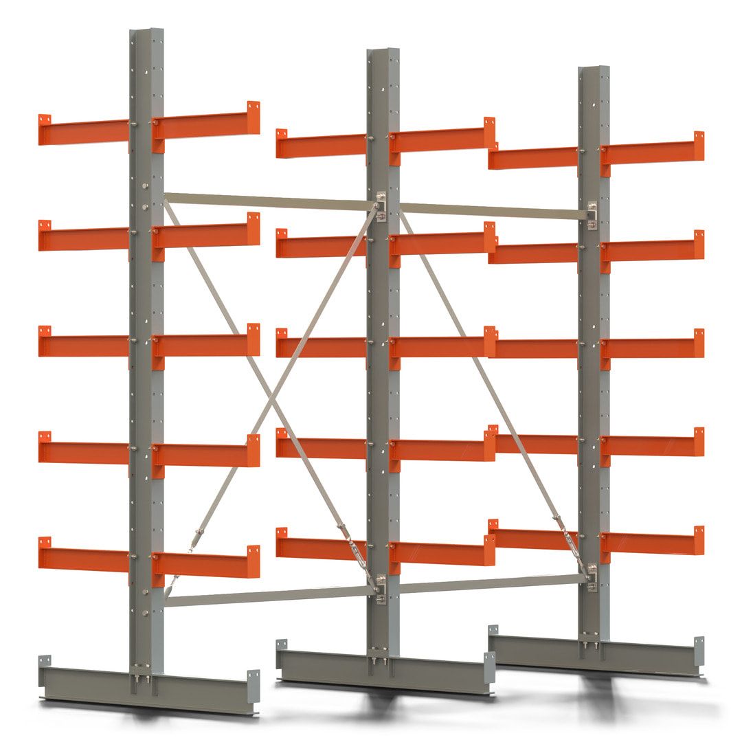 Doppelseitiges Kragarmregal, 2 Felder, 2.500 x 2.560 x 1.120 mm (HxBxT), Nutztiefe 500 mm, Kragarmlast 870 kg, KARL basic, silbergrau/reinorange