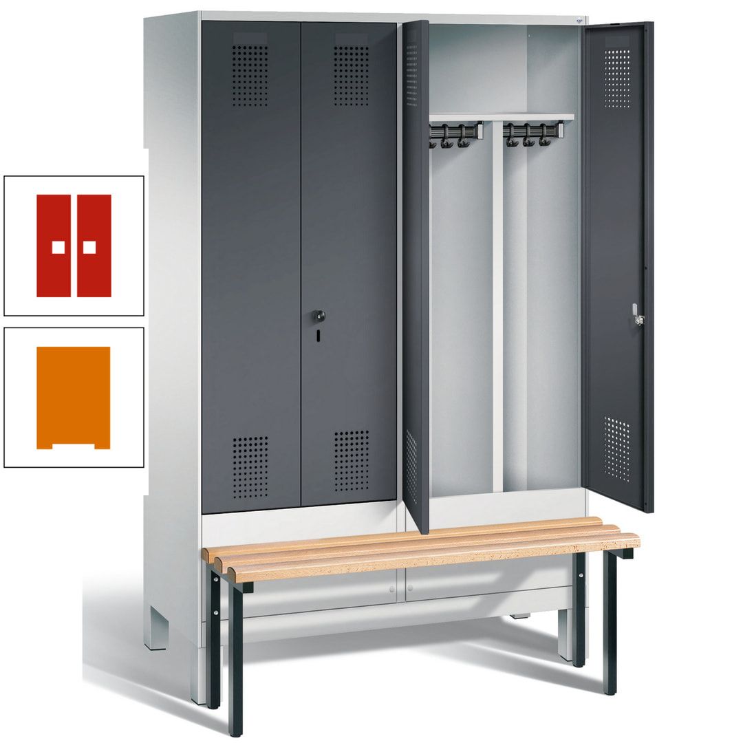Doppel-Spind, Garderobenschrank, Buche Sitzbank vorgebaut, 4 Abteile a 300 mm, Korpus feuerrot, Tür Wasserblau, 1.850 x 1.200 x 815 mm (HxBxT)
