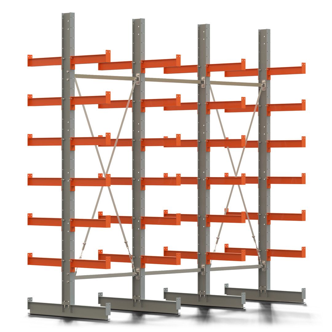 Doppelseitiges Kragarmregal, 2 Felder, 3.000 x 2.000 x 1.120 mm (HxBxT), Nutztiefe 500 mm, Kragarmlast 870 kg, KARL basic, silbergrau/reinorange
