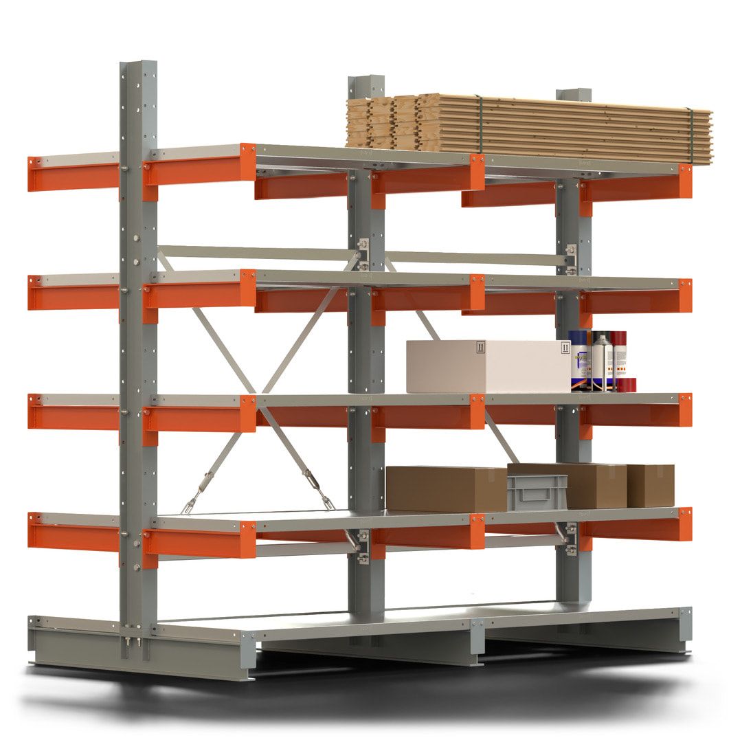 Doppelseitiges Kragarmregal mit Fachböden, 2 Felder, 2.000 x 2.000 (HxB), Nutztiefe 1.000 mm, Kragarmlast 450 kg, KARL basic, silbergrau/reinorange
