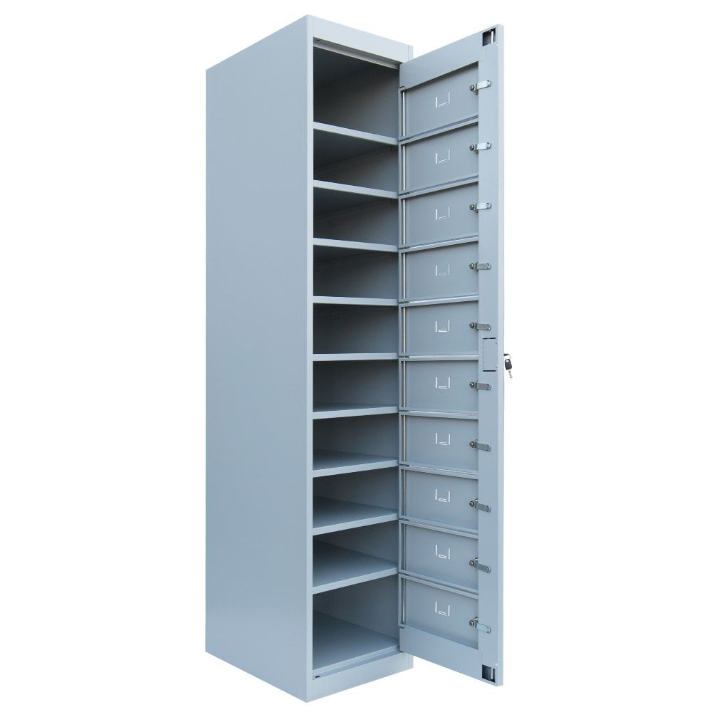 Verteilerschrank, Ausgabeschrank, Fächerschrank, Zentraltür, 1 Abteil, 10 Fächer, 1.800 x 400 x 500 mm (HxBxT), Korpus lichtgrau, Front enzianblau