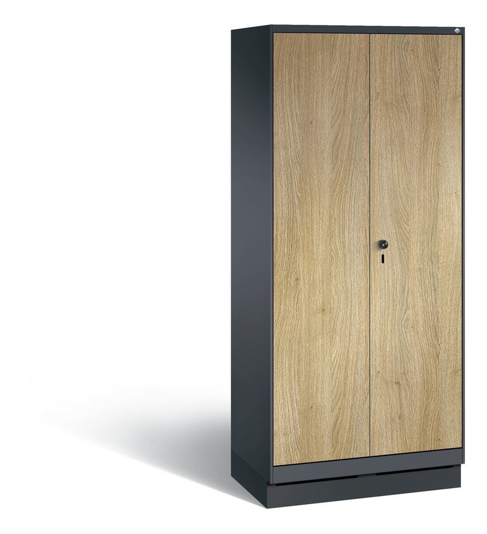 Doppel-Spind, Garderobenschrank auf Sockel, 2 Abteile a 400 mm, Korpus anthrazitgrau, Tür Dekorfront HPL Donau-Ahorn, 1.800 x 800 x 500 mm (HxBxT)