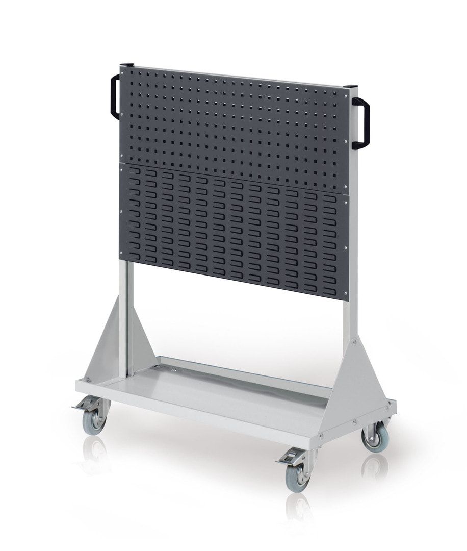 Mobiler Rollwagen, 2 Loch-, 2 Schlitzplatten, 10 Halter, 8 Sichtlagerkästen, Kisten, Wellenträger, 1.230 x 1.000 x 500 mm (HxBxT), Anthrazitgrau