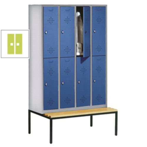 Garderobenschrank, Spind, 4 Abteile 8 Fächer, 2.090 x 1.190 x 815 mm (HxBxT), Hartholz Sitzbank untergebaut, Korpus anthrazitgrau, Türen anthrazitgrau