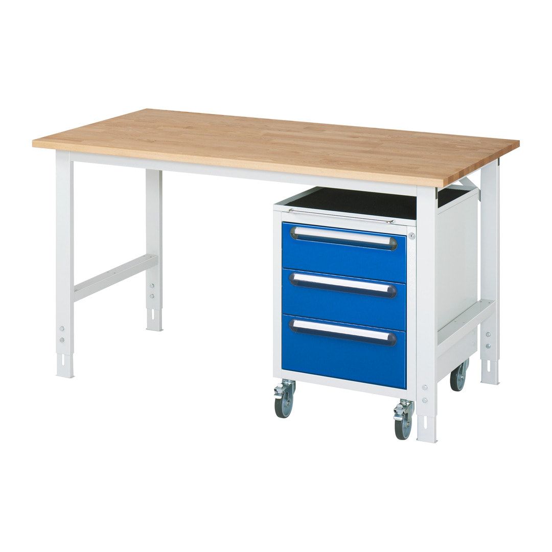 Arbeitstisch - Rollcontainer mit 3 Schubladen - Buche - Traglast 500 kg - Höhe 760-1.080 mm - 1.000 x 1.000 mm (BxT) - Anthrazitgrau