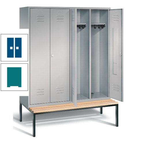 Doppel-Spindschrank, Buche Sitzbank untergebaut, 4 Abteile a 400 mm, Korpus lichtgrau, Tür anthrazitgrau, 2.090 x 1.590 x 815 mm (HxBxT)