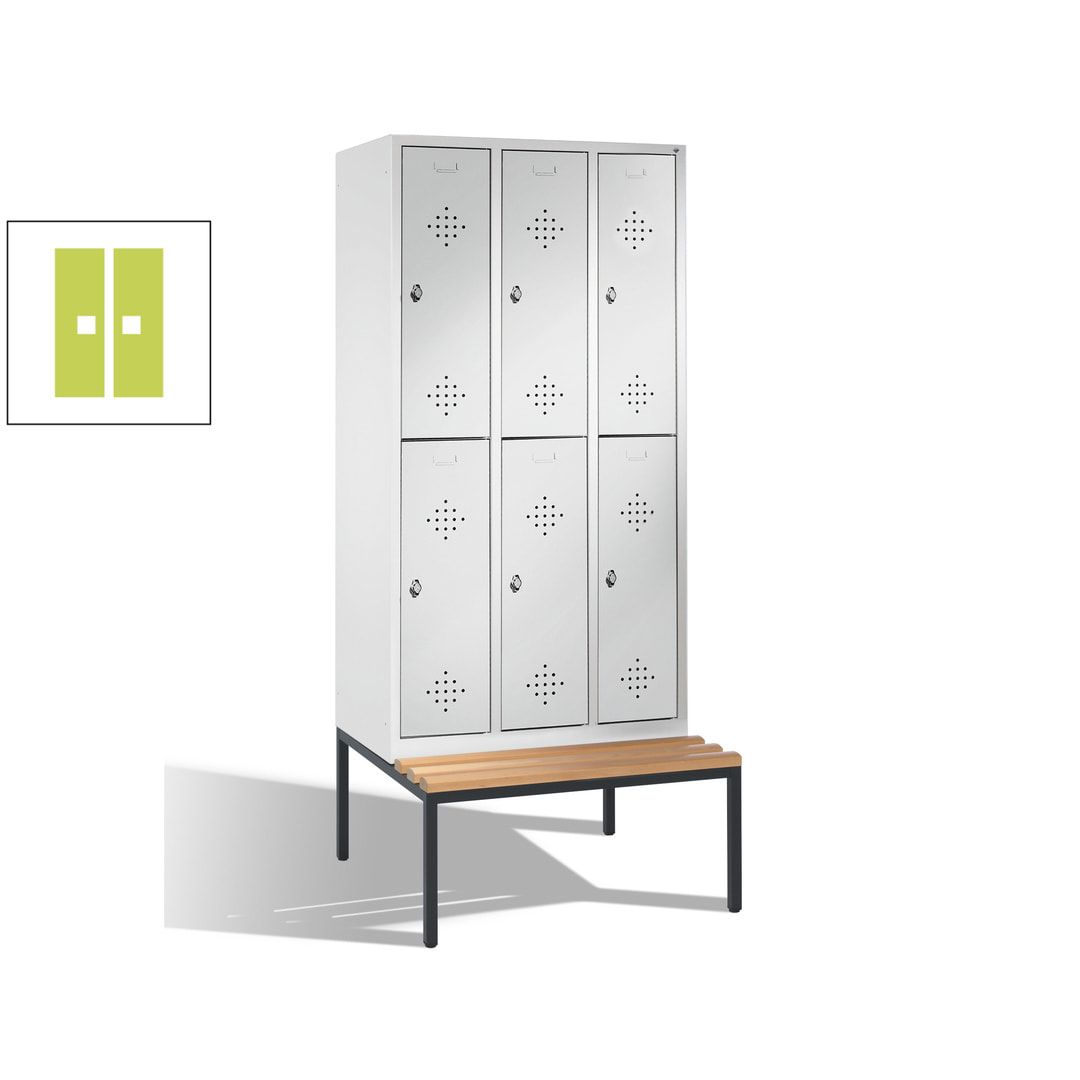 Garderobenschrank, Spind, 3 Abteile 6 Fächer, 2.090 x 1.200 x 815 mm (HxBxT), Hartholz Sitzbank untergebaut, Korpus anthrazitgrau, Türen anthrazitgrau