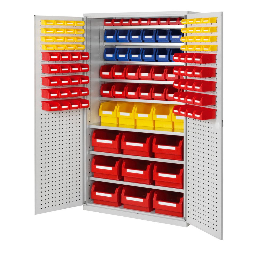 Magazinschrank - 124 Sichtlagerkästen - Loch-/Schlitzplatten Türen - 8 Böden - 1.950 x 1.130 x 590 mm (HxBxT) - lichtgrau