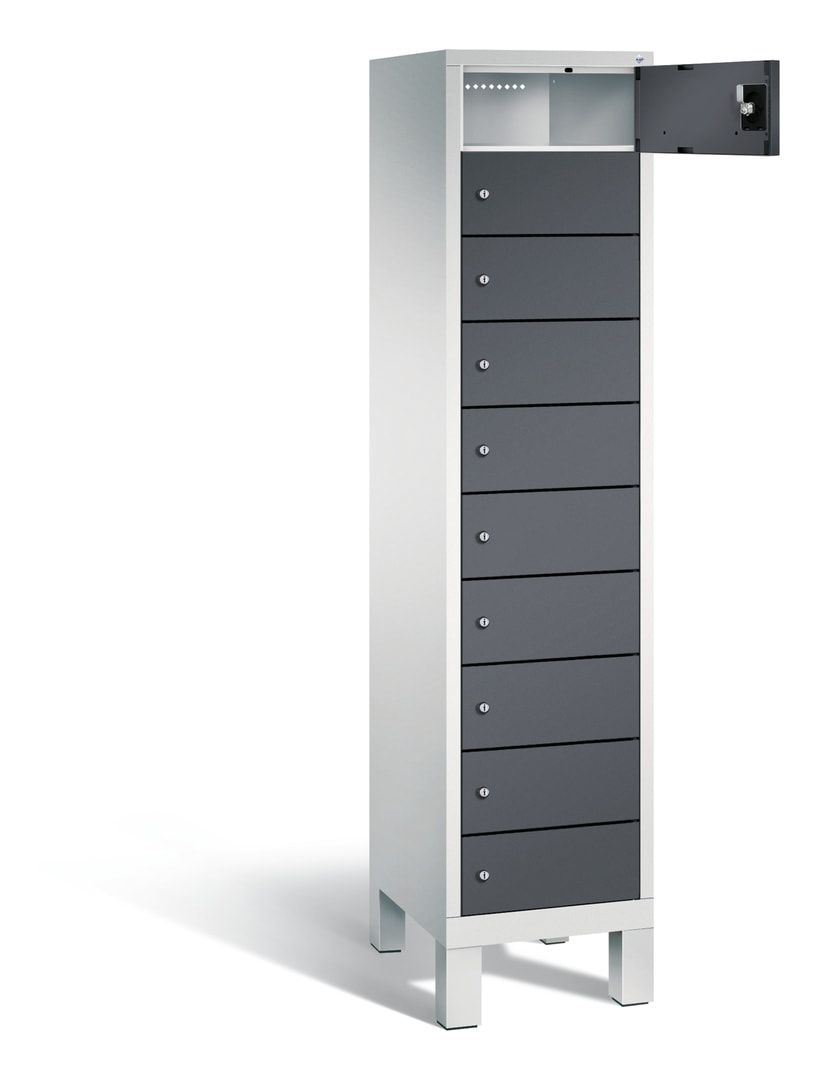 Laptopschrank, Tabletschrank, Computerschrank auf Füßen, 10 Fächer, 1.850 x 420 x 500 mm (HxBxT), Korpus gelborange, Tür anthrazitgrau