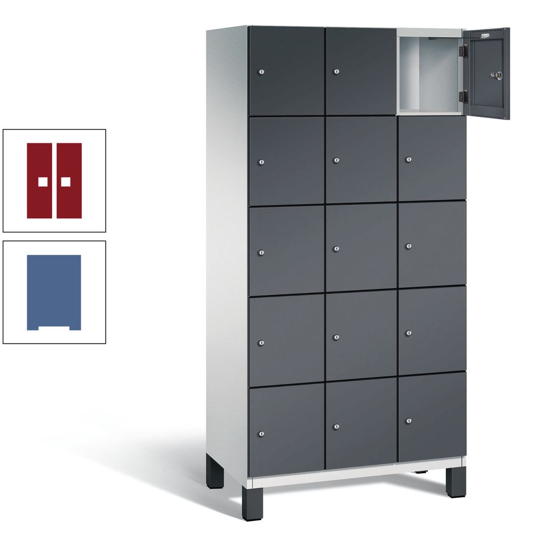 Fächerschrank, Stahlschrank, 15 Fächer, Türöffnungsbegrenzer, Füße, 1.980 x 900 x 525 mm (HxBxT), Korpus anthrazitgrau, Front anthrazitgrau