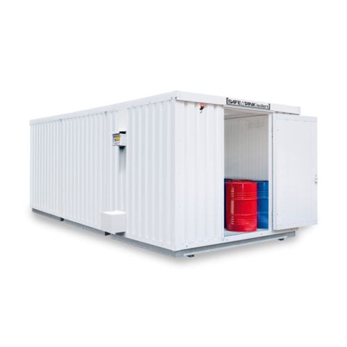 Isolierter Gefahrstoffcontainer - 2.510 x 4.050 x 6.520 mm (HxBxT) - Auffangvolumen 3 x 1.050 l - Dauerlüfter - Doppelflügeltür kurze Seite